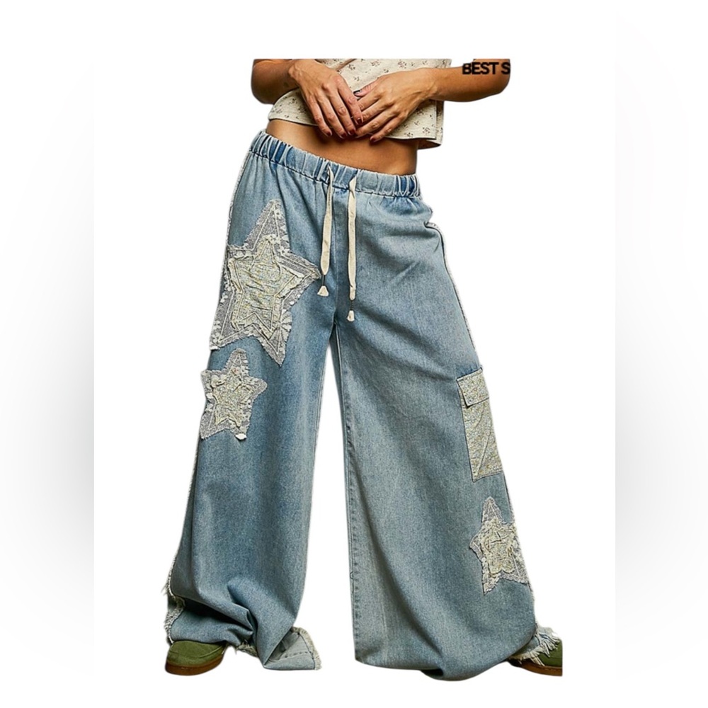 POL Wide Leg Star Patch Denim Pants in Light Blue with Cream Drawstring